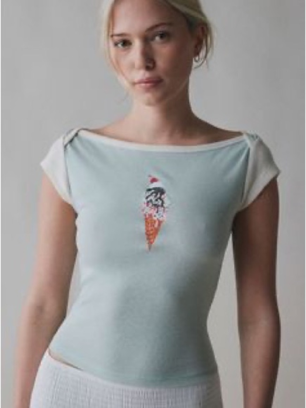 Kimchi Blue | Lightweight Cap Sleeve Ice Cream Graphic Top- light blue and white
